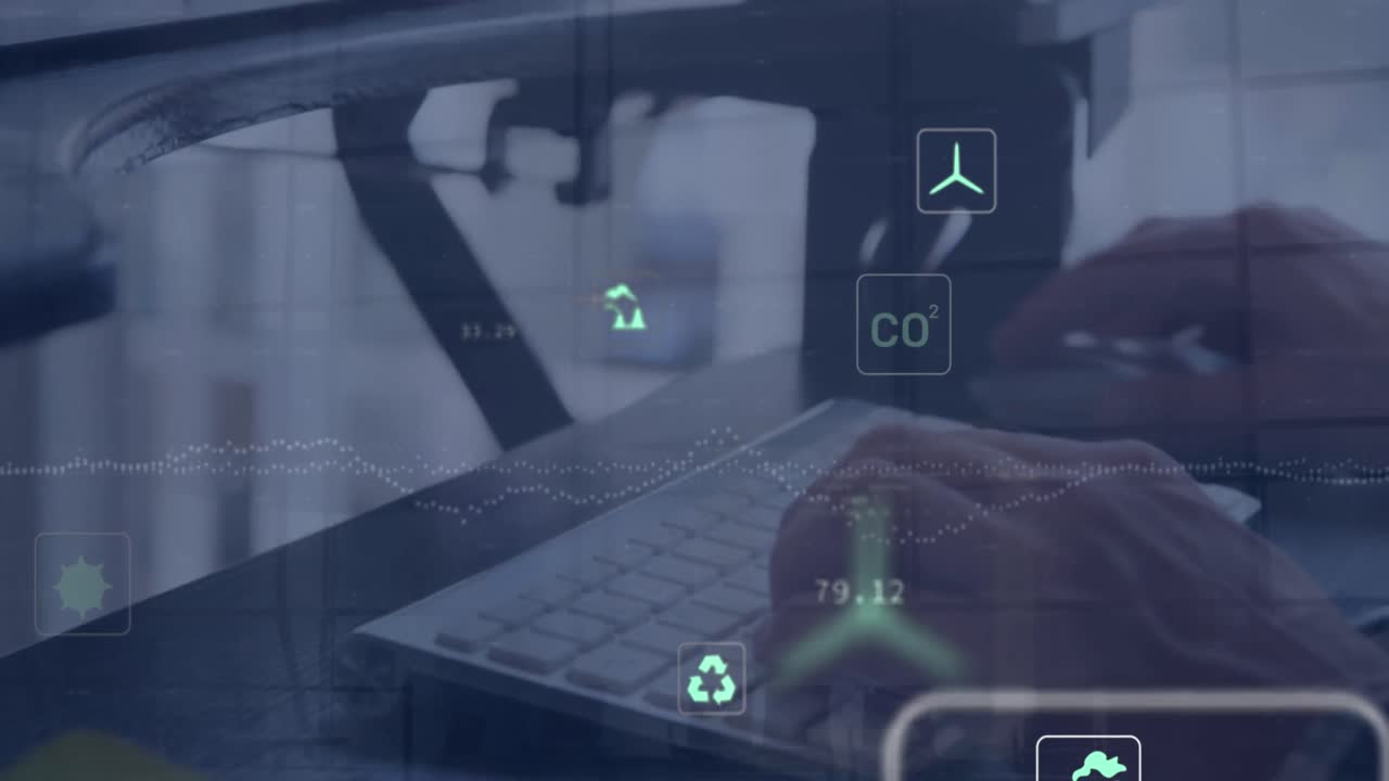 animación del procesamiento de datos financieros sobre el hombre caucásico usando computadora