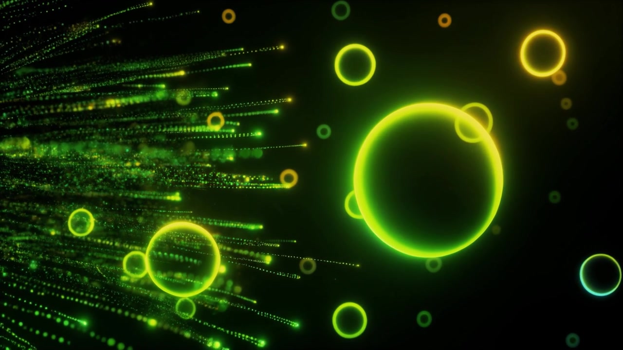 Abstract Motion Background with Glowing Green Particles and Floating Rings