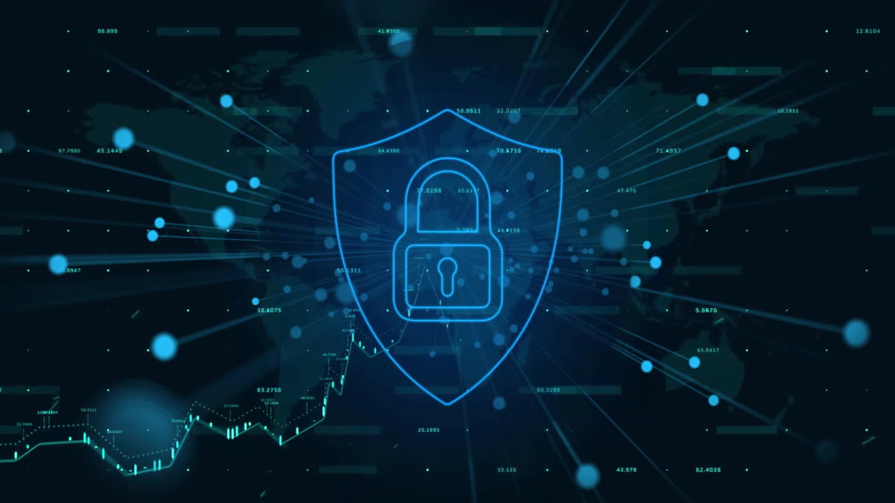 Animation of network of connections with padlock icon over dark background