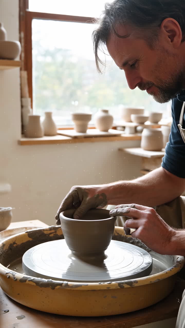 Man creating pottery on a pottery wheel in a workshop