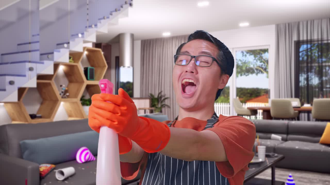 Close Up Of Funny Asian Male Housekeeper With An Apron Using A Spray While Standing In House