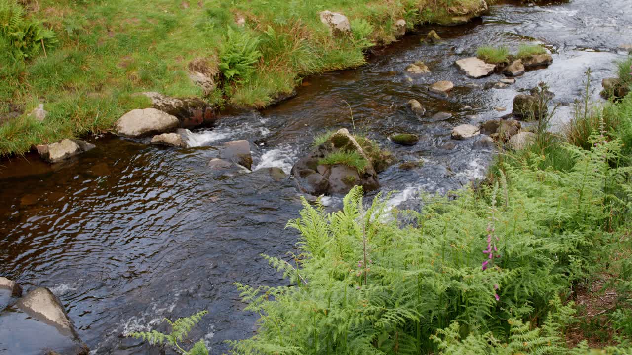 Naturskøn udsigt over en flod med små vandfald ved Three Roaches Head i Peak District, Storbritannien