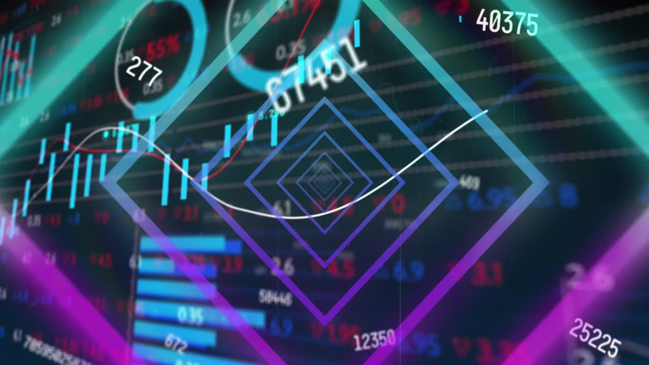 변화하는 숫자와 주식 시장 데이터 처리에 대한 원활한 패턴으로 네온 터널의 애니메이션