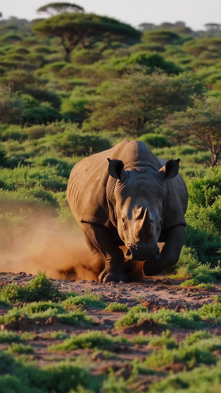White Rhinoceros Charging in African Savanna