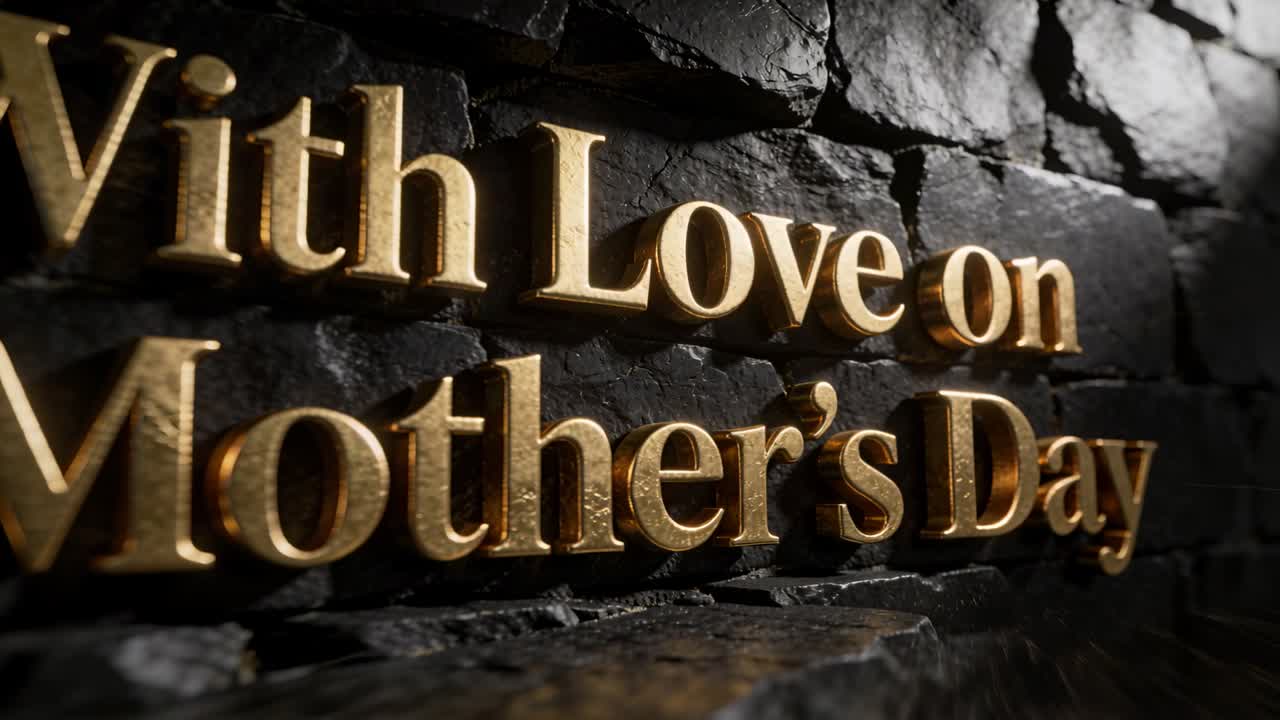 Moving camera revealing gold 3D 'With Love on Mother's Day' on stone wall, staging title reveal