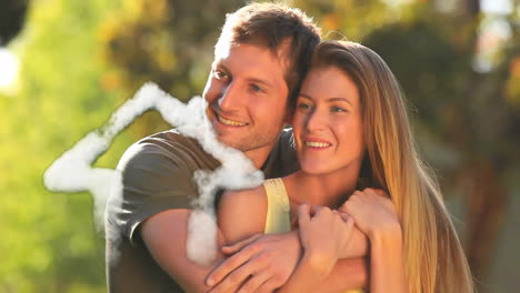 animación del icono de la casa en la nube sobre una feliz pareja caucásica abrazándose en el jardín