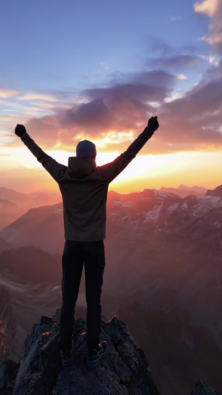 Hombre de pie victorioso en la cima de una montaña al atardecer