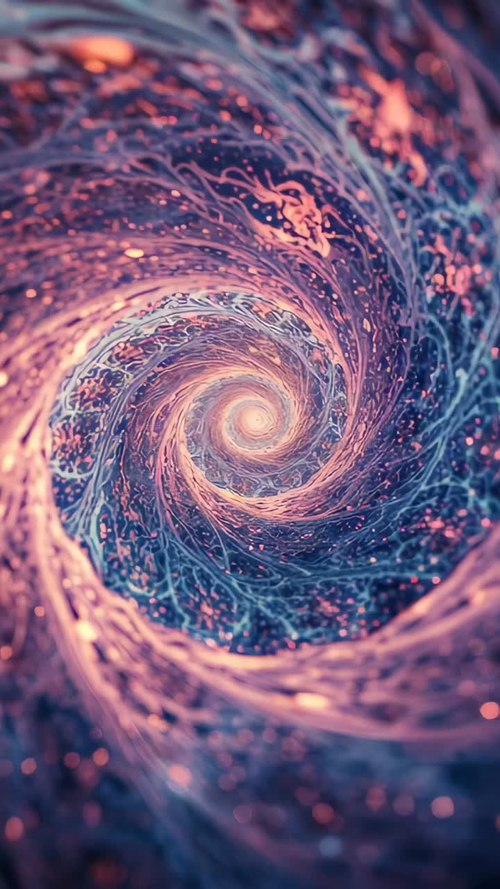 Vertical video: Spinning spiral tunnel in neural vortex drawing camera to warm core, revealing webs