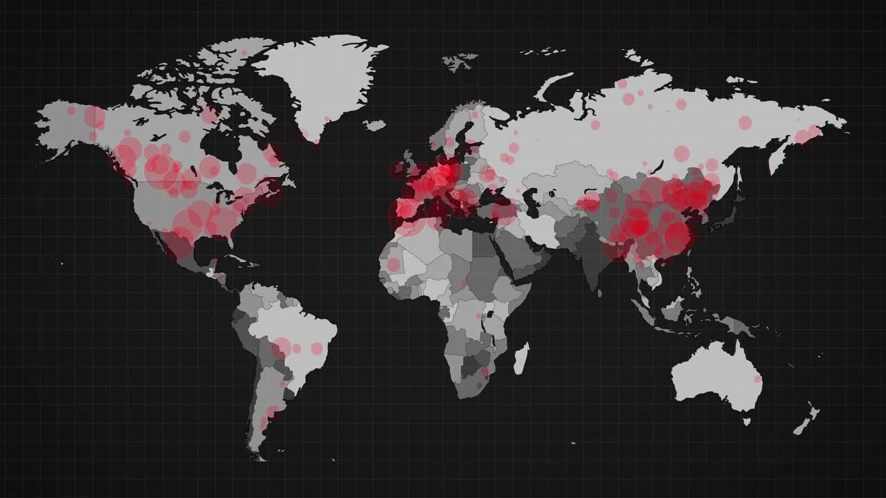 animación del mapa del mundo y los países se vuelven rojos a través de círculos en un fondo oscuro