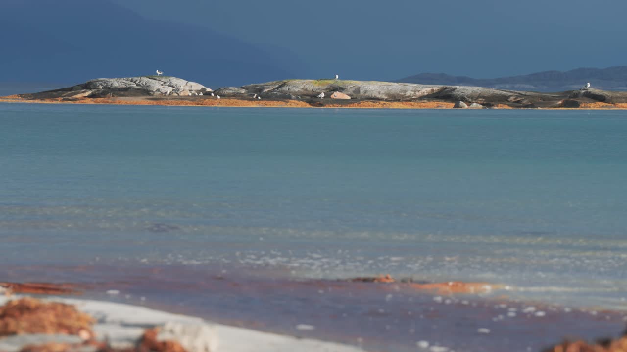playa de arena en la costa rocosa del fiordo