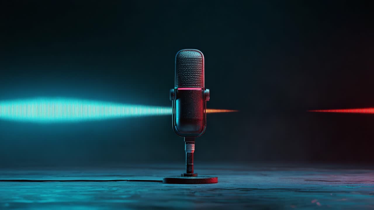 Microfono accattivante con visualizzazioni dinamiche delle onde sonore: una rappresentazione artistica del suono in movimento, colori vibranti e impostazioni di miglioramento da studio