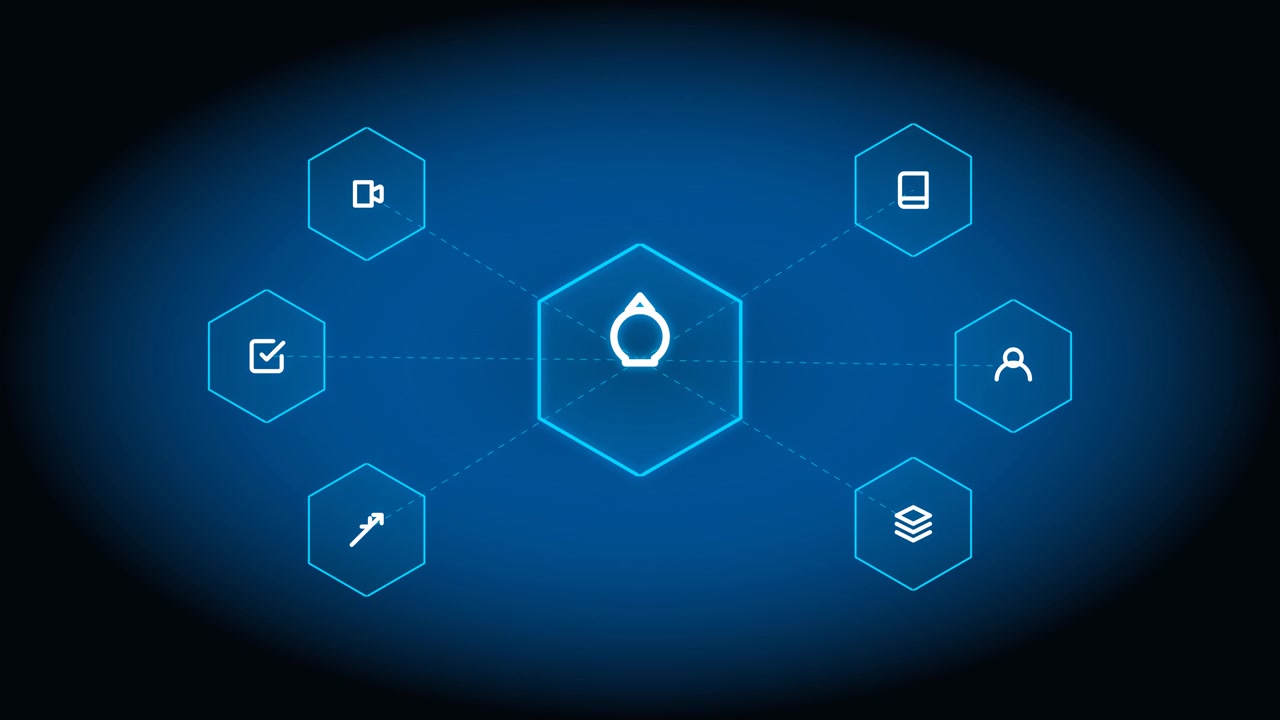 Digital Network Diagram with Central Hexagon Icon