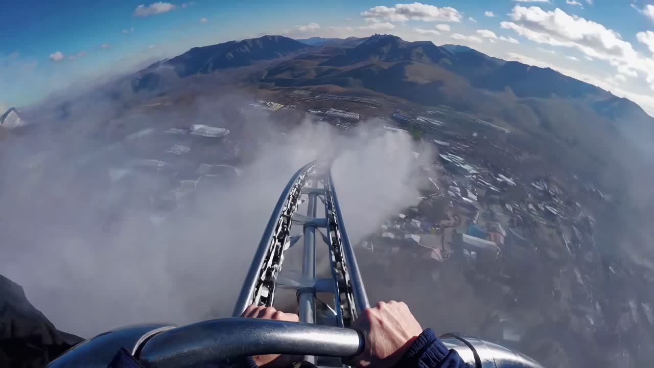POV video shot from a roller coaster's peak, capturing a thrilling descent with a panoramic view
