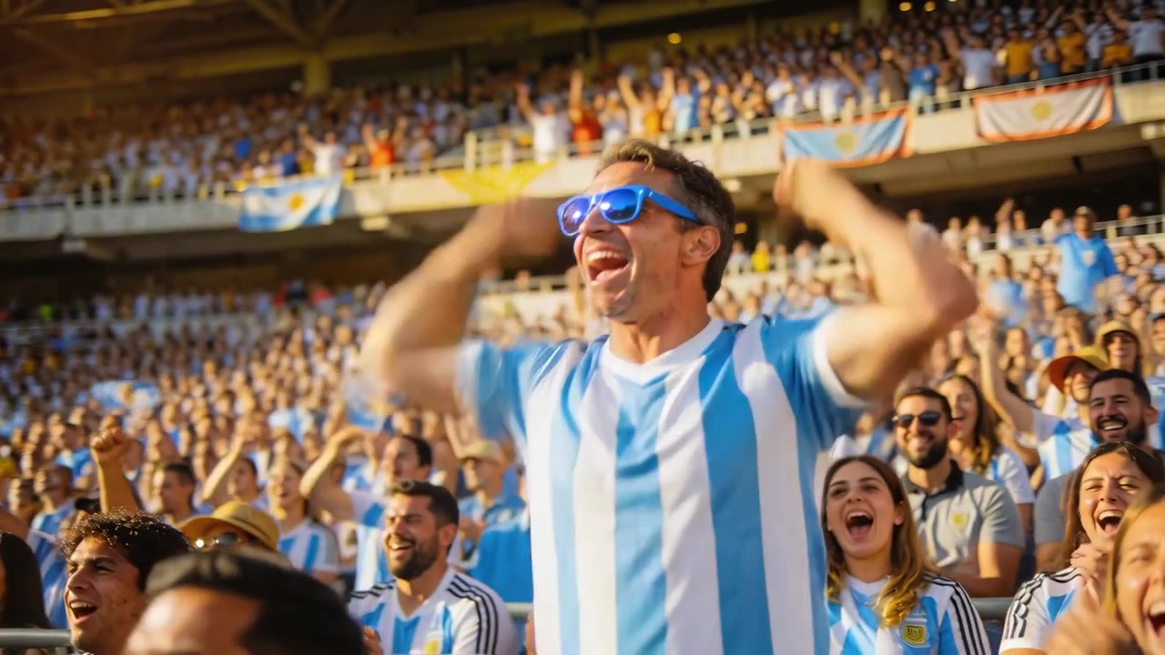 Reaccionando al rugido del estadio, un hombre con camiseta a rayas y gafas de sol azules levanta los puños con banderas.