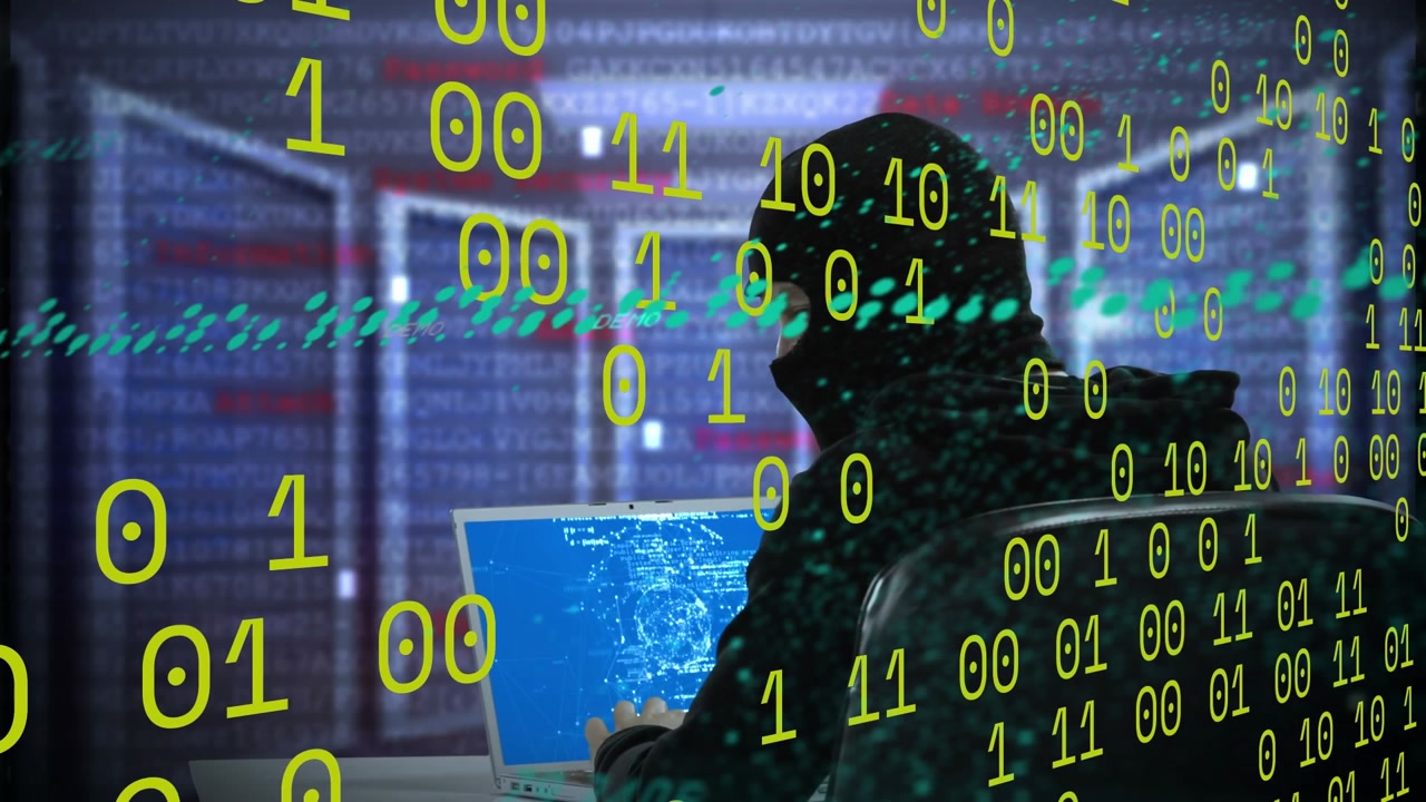 Animation of data processing over caucasian male hacker using laptop