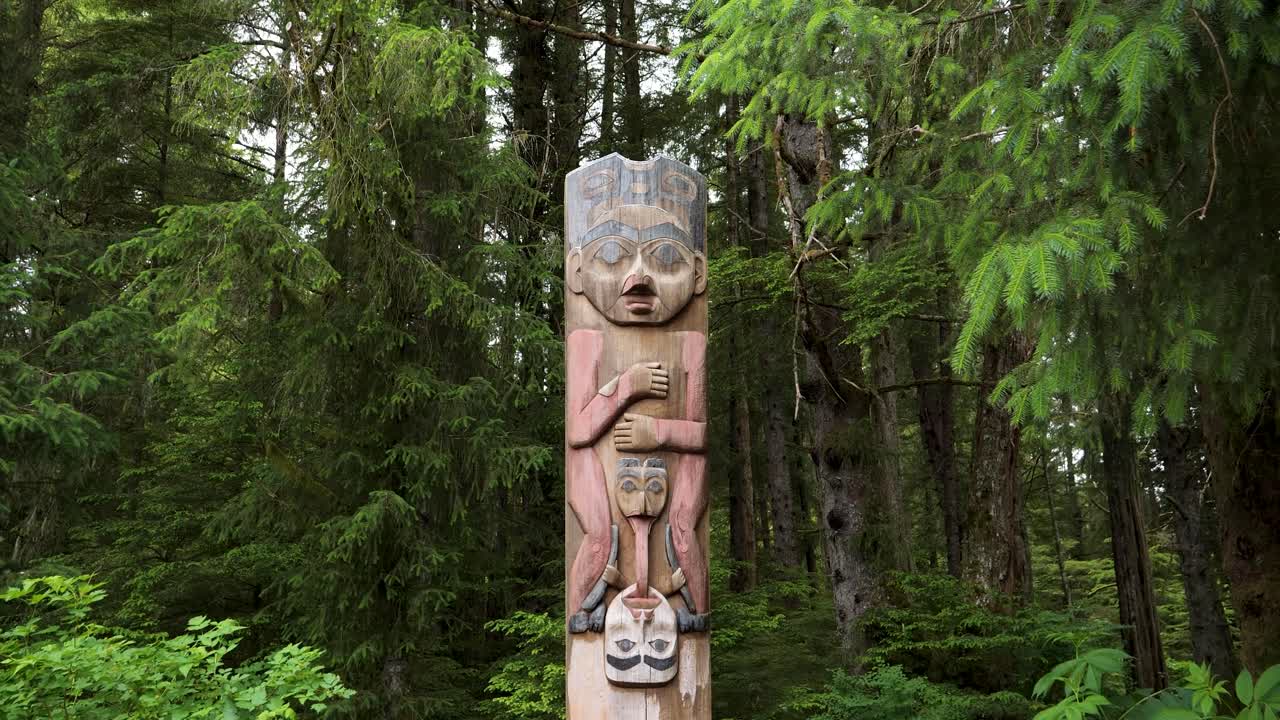 Sitka National Historical Park, Alaska.The park area has guided tours and a coastal walk featuring carved wooden totem poles.