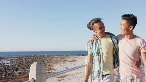 happy diverse gay male couple walking and embracing at promenade by the sea, slow motion