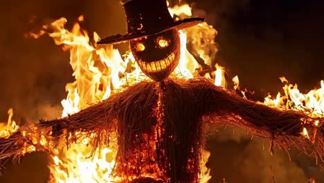 a scarecrow in a field of fire with a hat on