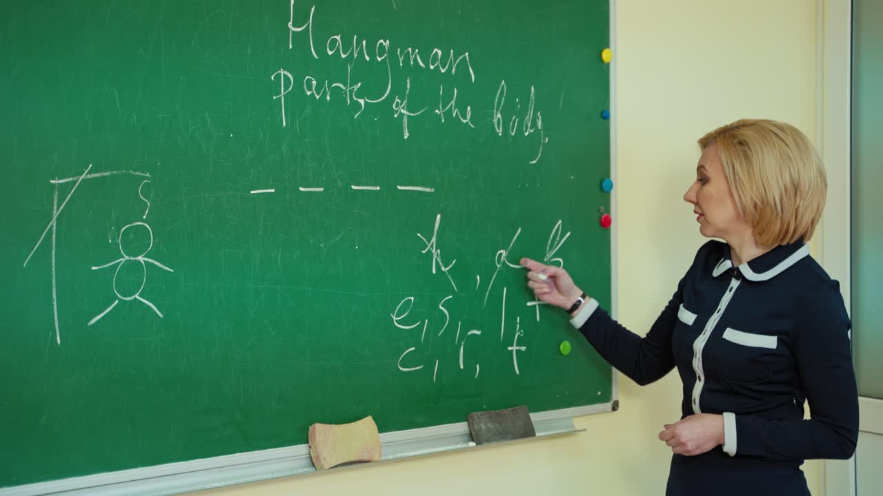 Positive teacher in the classroom. Female educator writing on green chalkboard and talking to students at school. Education concept.