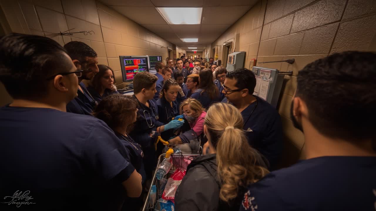 A Busy Moment in Emergency Care: Healthcare Professionals Collaborate in a Narrow Hospital Corridor to Provide Urgent Care During a Critical Situation
