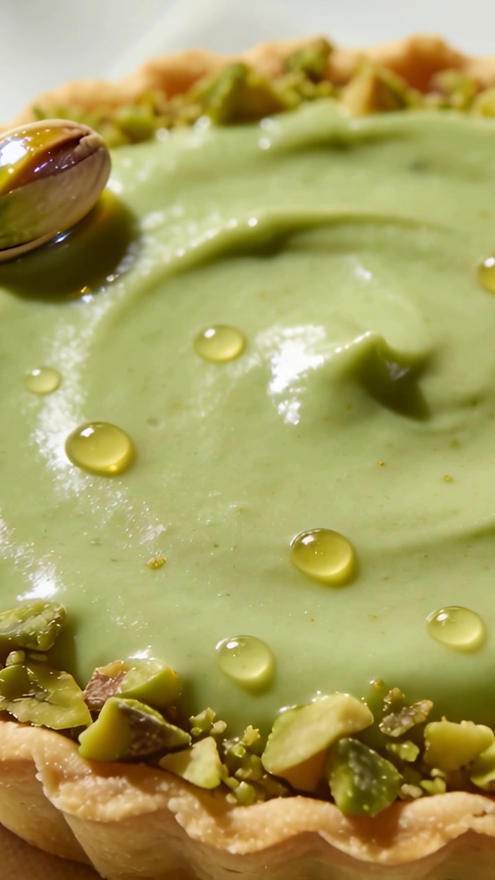 Vertical video: Gliding camera showing pistachio tart at studio table, highlighting golden droplets