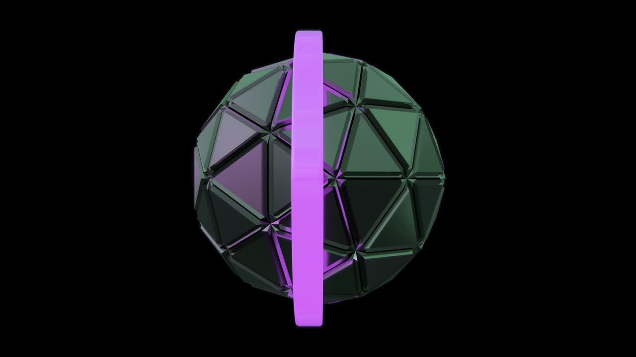 giro de una bola geométrica futurista construida a partir de triángulos con canal alfa. órbita de neón moviéndose alrededor de la esfera. patrón sin costuras.