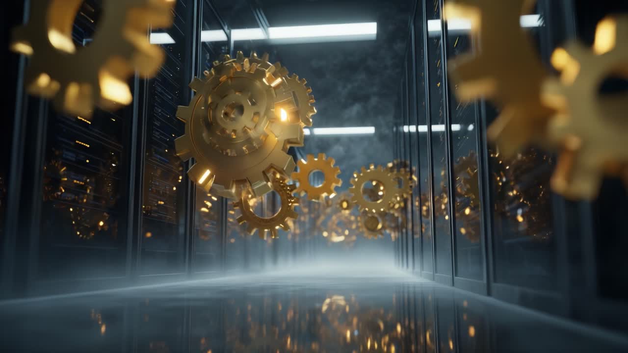 Countless golden gears and cogwheels spinning and floating through a futuristic, dark server room corridor, symbolizing the intricate mechanics of data processing and modern technology