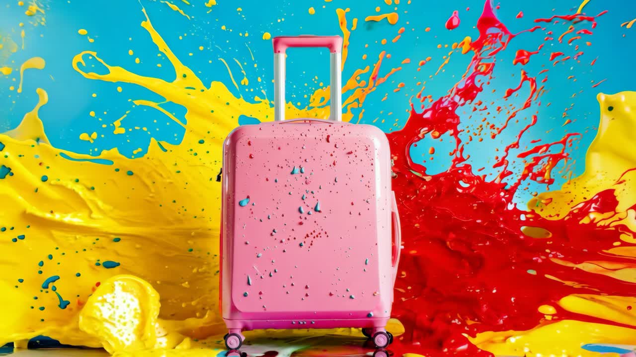 A pink suitcase with colorful paint splashing out of it