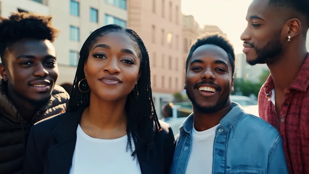 Group of stylish young friends enjoys each other's company in an urban setting, sharing laughter and creating joyful memories together under the sunny sky