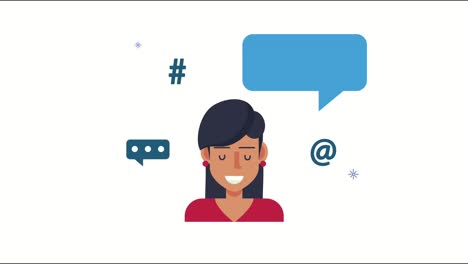 mujer con símbolos de redes sociales animación