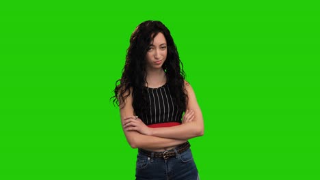 Beautiful-Caucasian-girl-with-long-curly-dark-hair-posing-on-green-screen