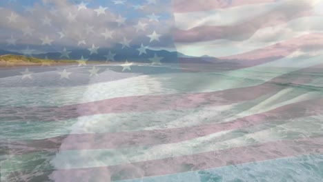 Digital-composition-of-waving-us-flag-against-aerial-view-of-the-beach-and-the-sea