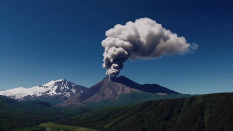 volcanic eruption in a mountainous landscape