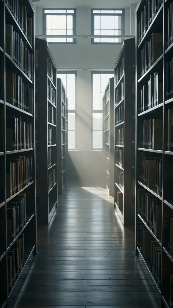 Aisle in a Library with Sunbeams through Windows