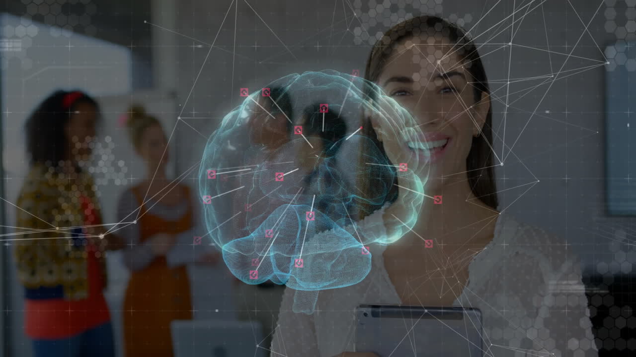 Woman holding tablet presenting in technology office, projecting holographic brain network data