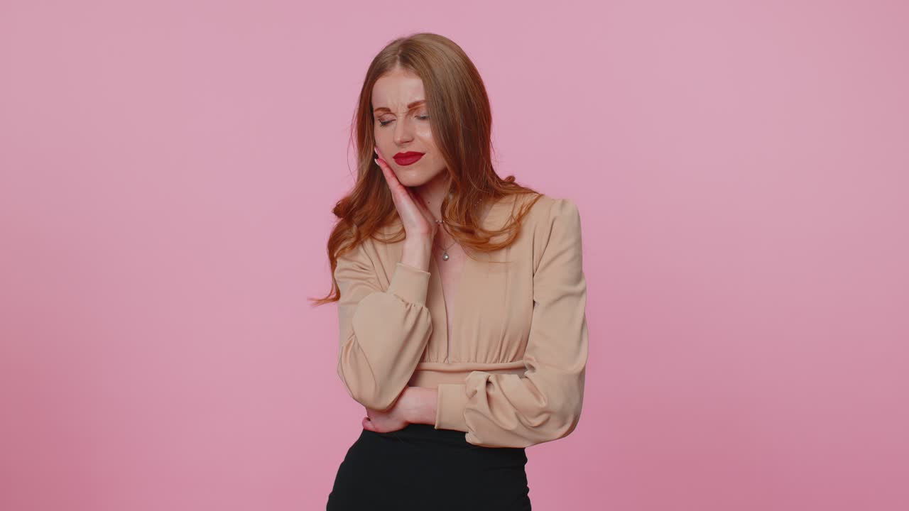 Businesswoman girl touching cheek closing eyes expression of terrible suffer from dental problem