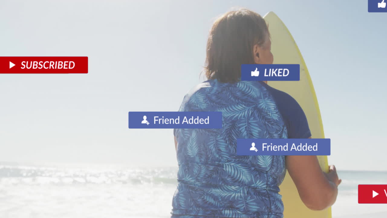 Senior woman standing on sunny beach holding surfboard showing animated social alerts for marketing