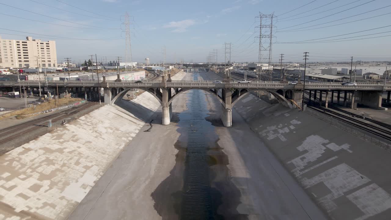 Aerial Flight over the LA river and bridge