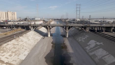 aerial flight over the la river and bridge