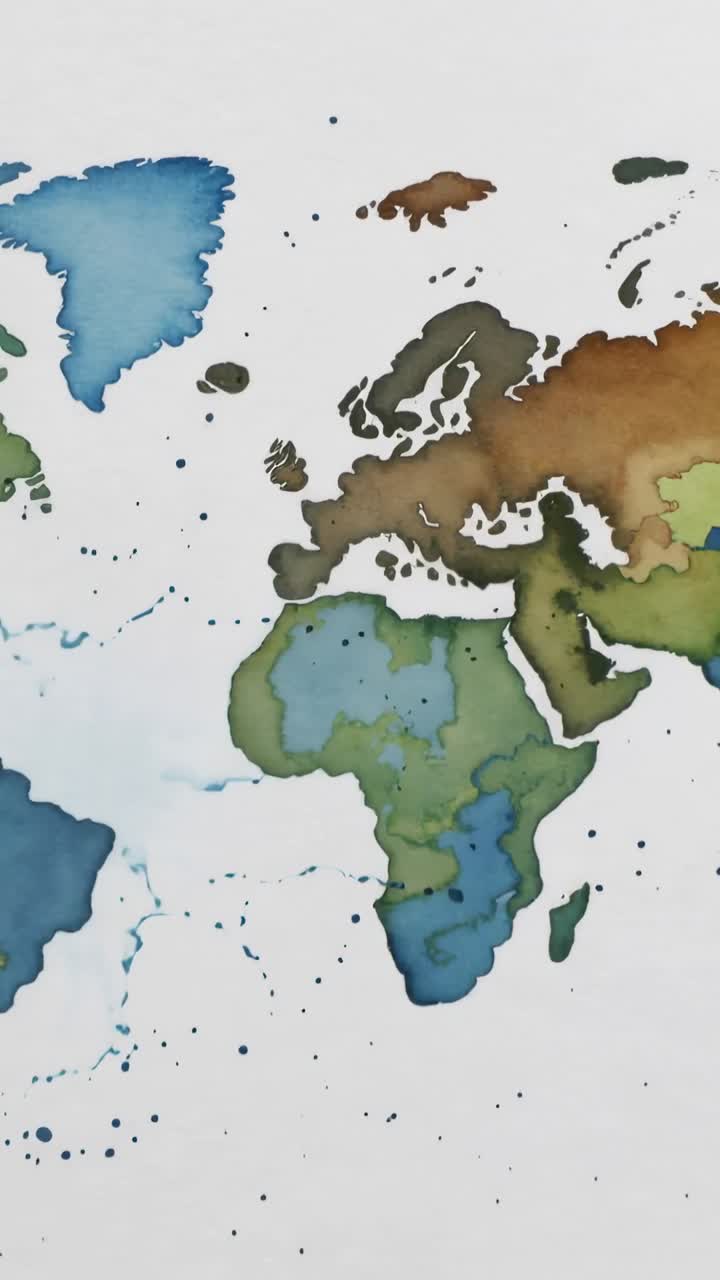 Video verticale: Nuova macchia blu che si espande e si diffonde su una mappa acquerellata su carta, con tonalità cangianti.