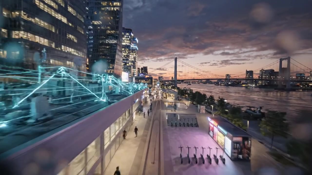 Uma paisagem urbana vibrante ao anoitecer com rastros de luz artísticos e reflexos serenos ao longo do rio, exibindo arquitetura moderna e vida urbana.