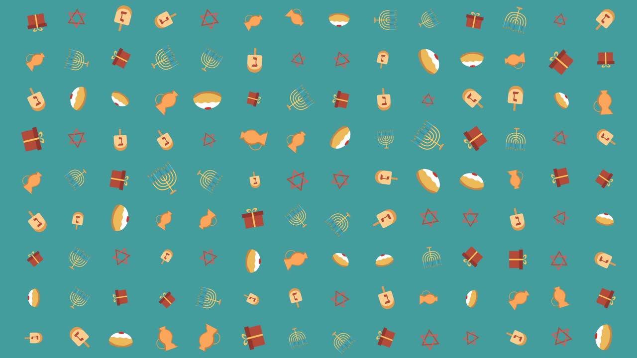 fondo de animación de diseño plano de vacaciones de hanukkah con símbolos tradicionales