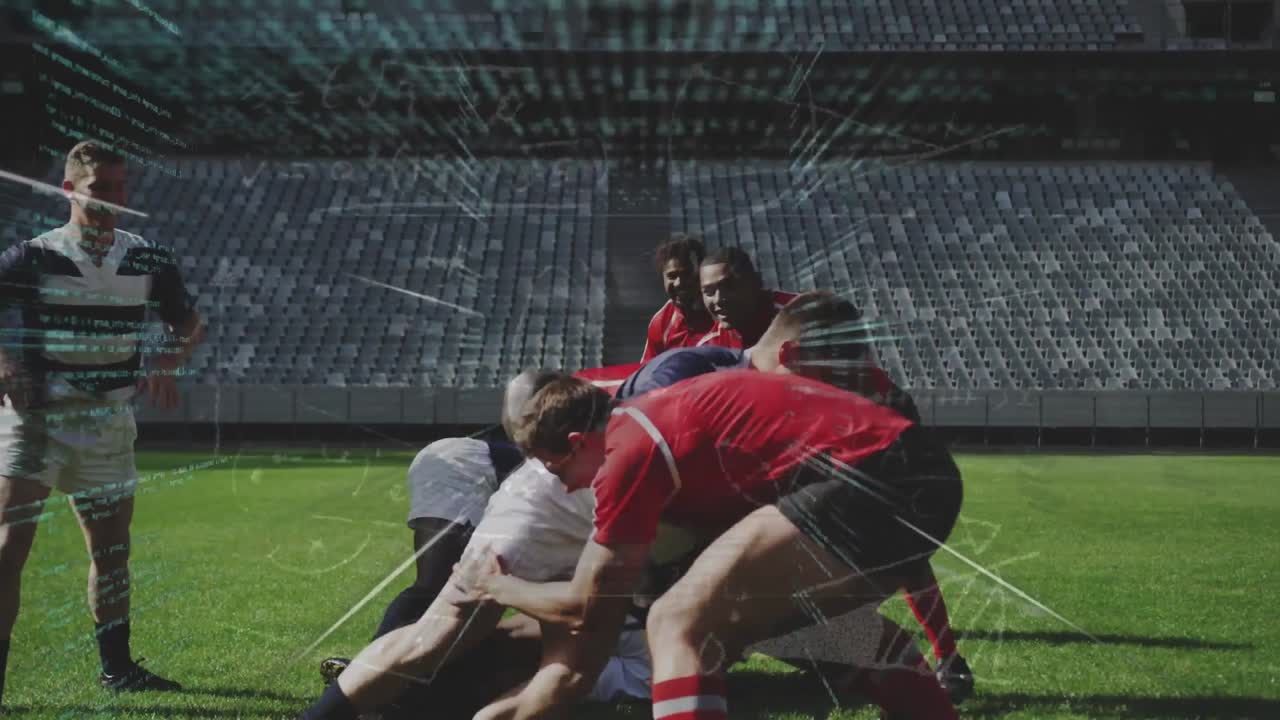 animación del procesamiento de datos sobre jugadores de rugby en el estadio
