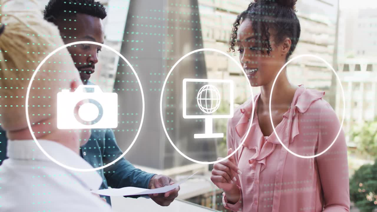 Animation of icons and data processing over diverse business people in office