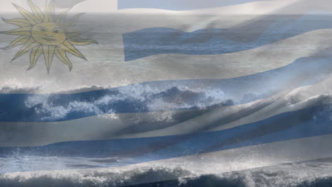 digital composition of waving uruguay flag against waves in the sea