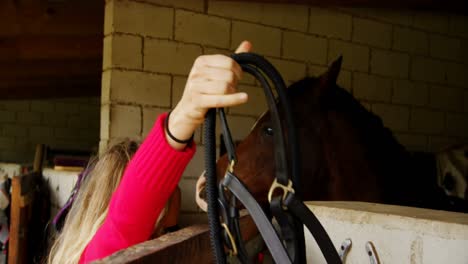 Mujer-Tomando-Riendas-De-Caballo-En-Establo-4k