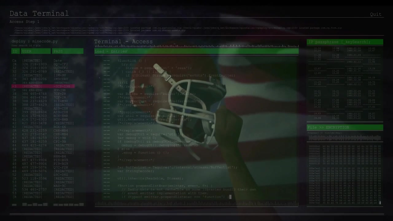 On UI loading, hand holding red helmet centering, logs scrolling, bar filling visualizing access