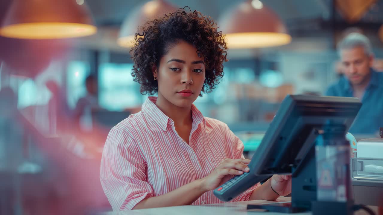 Typing cashier wearing pink shirt entering order after alert at cafe counter, with POS terminal