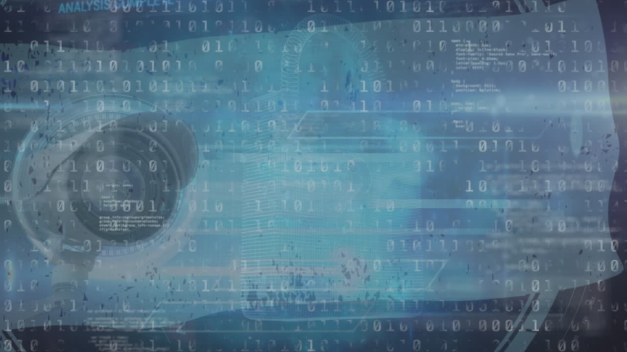 animación del procesamiento de datos sobre el icono del candado y la cámara de seguridad