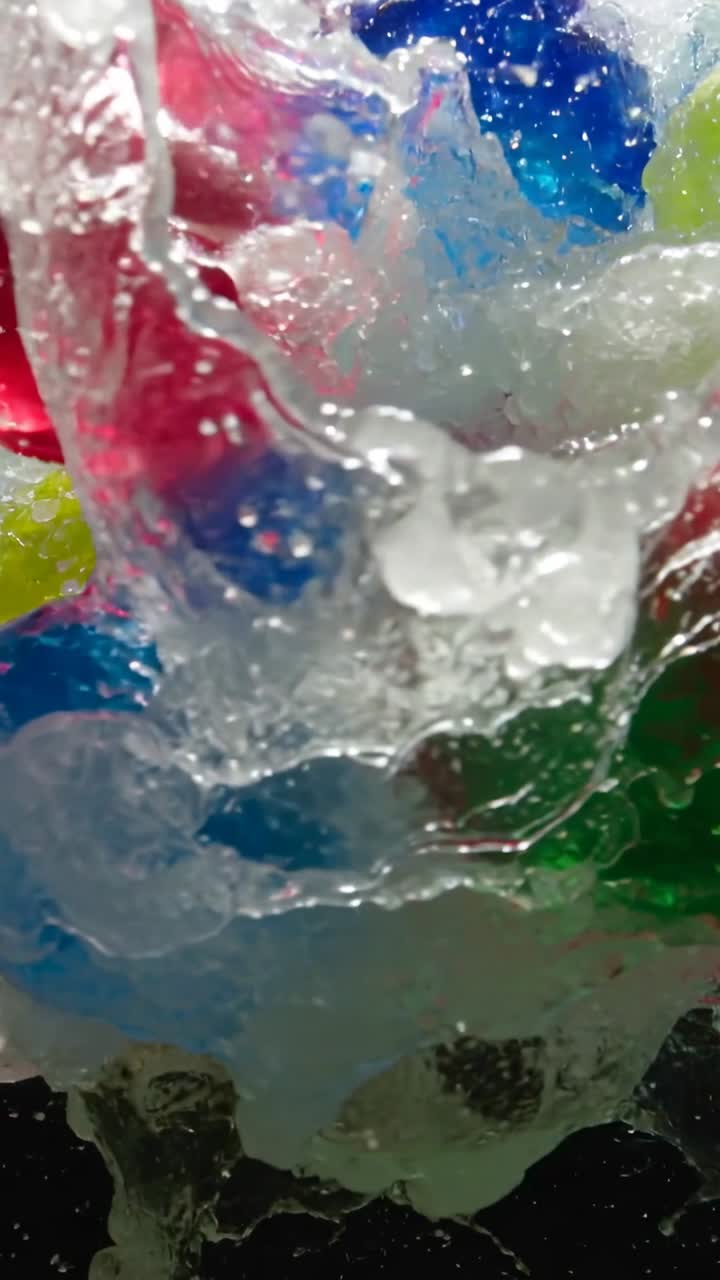 Video verticale: Una pellicola che si gonfia attorno a sfere colorate, rivelando colori ed espellendo goccioline in studio.